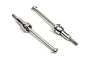 Two silver steel universal driveshafts for RC cars, shown side-by-side on a white background.