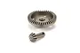 A Team Magic bevel gear set featuring one large ring gear and one small pinion gear made of grey metal.