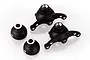 A set of four black aluminium RC steering hubs and knuckles on a white background.