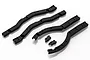 A set of four black aluminium RC chassis frame rails and two small mounting brackets arranged on a white background.