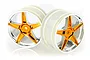 Two 5-spoke RC buggy rims with orange chrome centers and silver outer rims on a white background.