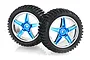 Two 1/10 scale RC buggy wheels with black knobby rubber tyres mounted on five-spoke blue chrome plastic rims against a white background.