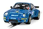 A 1/32 scale Scalextric Porsche 911 Carrera RSR 3.0 slot car in blue Wallys Jeans livery on a track.