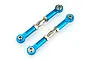 Two blue anodized aluminium RC turnbuckles with silver metal ball ends and adjustment nuts, isolated on a white background.