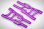 A pair of purple anodized aluminium front lower suspension arms for an RC car, featuring machined cutouts and mounting holes.
