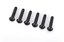 Six black metal button head screws with hex drive sockets arranged in a row on a white background.