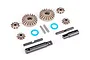 Traxxas steel centre differential output and bevel gear set including various metal gears, shafts, and blue O-rings on a white background.