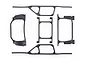 A set of black plastic RC body support components laid out on a white background.