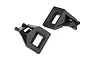 Two black plastic Traxxas front clipless body mounts for RC cars, shown from an angled perspective against a white background.
