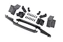 Traxxas black body reinforcement set including roof skid plate, mounting brackets, and screws on a white background.