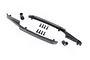 Traxxas roof skid plate set including two long black plastic rails, two small mounting brackets, and eight black screws on a white background.