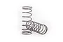 Two grey metal coil springs for RC car suspension, one standing upright and one lying horizontally on a white background.