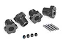 Four grey aluminium 17mm wheel hex adapters for Traxxas RC cars, including four metal pins and four small grub screws.