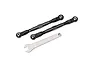Two grey aluminium turnbuckles with black rod ends and a silver Traxxas adjustment wrench on a white background.