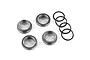 Four grey aluminium shock adjusting nuts and four black rubber O-rings arranged on a white background.