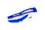 A blue anodized aluminium Traxxas chassis brace set with mounting screws on a white background.