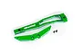 A green anodized aluminium Traxxas chassis brace set with two small black mounting screws on a white background.