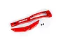 Traxxas red anodized aluminium chassis brace set with mounting screws on a white background.