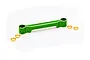 A green anodized aluminium steering draglink for RC cars, accompanied by four small brass-coloured bushings, set against a white background.