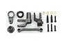 A Traxxas grey aluminium steering assembly set including bell cranks, steering link, screws, and bushings on a white background.