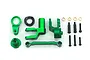 A set of green anodized aluminium steering assembly parts for an RC car, including bell cranks, a drag link, screws, and bushings on a white background.