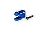 A blue anodized aluminium servo horn with a black steel screw on a white background.