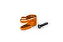 An orange anodized aluminium servo horn with a black steel screw on a white background.