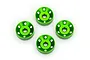 Four green anodized aluminium wheel washers for Traxxas RC vehicles arranged on a white background.