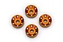 Four orange anodized aluminium wheel washers for Traxxas RC vehicles arranged in a diamond pattern on a white background.