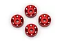Four red anodized aluminium wheel washers for Traxxas RC vehicles, arranged in a diamond pattern on a white background.