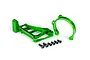 A green anodized aluminium motor mount set for Traxxas RC vehicles, including a main bracket, a motor clamp, and six black mounting screws.