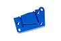 A blue anodized aluminium motor plate for Traxxas RC vehicles, featuring multiple mounting holes and slots on a white background.