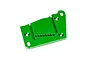 A green anodized aluminium motor plate for Traxxas RC vehicles, featuring mounting holes and slots.