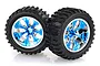 Two HSP 2.8 inch off-road RC monster truck wheels with black rubber tires and blue chrome-plated plastic rims.
