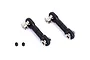 Two black plastic sway bar linkages with metal ball ends and two small black grub screws on a white background.