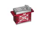 MKS HBL388 brushless metal geared servo with a red aluminium heatsink case and silver top cover, isolated on a white background.