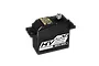 MKS HV1250 coreless digital metal gear servo in a black aluminium case, viewed from a high angle against a white background.