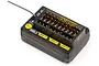 FlySky FGr12B 12-channel RC receiver with a black plastic case, gold-plated pins, and a single antenna wire against a white background.