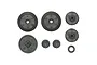 A set of black plastic RC car gears and components from Tamiya Parts Bag G, including bevel gears, a spur gear, and small pinion gears.