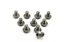 A collection of ten small silver-coloured titanium button head screws arranged on a white background.