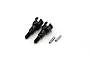 Two black metal wheel axles and two small silver metal pins for RC cars on a white background.