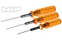 Three MIP G2 hex drivers with orange transparent handles, featuring 1.5mm, 2.0mm, and 2.5mm tips, arranged diagonally against a white background.