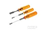 A set of three MIP G2 tools including a 7.0mm nut driver and 1.5mm and 2.0mm hex drivers with amber handles on a white background.