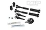 MIP X-Duty Extreme Heavy-Duty Rear CVD Driveshaft Upgrade Kit components including metal shafts, joints, nuts, pins, and small packets of grease and thread locker.