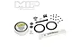 MIP Super Diff Carbide Rebuild Kit including various metal parts, ball bearings, grease cup, and a tube of MIP grease on a white background.