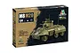 Italeri 1/56 scale M8/M20 Greyhound armoured vehicle plastic model kit box showing a finished model on a dark background.