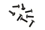 A collection of eight black metal washer head screws with fine threads, arranged on a plain white background.