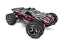 Traxxas Rustler 4x4 VXL RC stadium truck with a black, red, and silver body, large off-road tires, and black wheels on a white background.