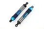 Two blue anodized aluminium RC truck shock absorbers with black springs on a white background.