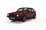 A red Scalextric 1/32 scale Volkswagen Golf GTI slot car viewed from the front three-quarter angle on a white background.